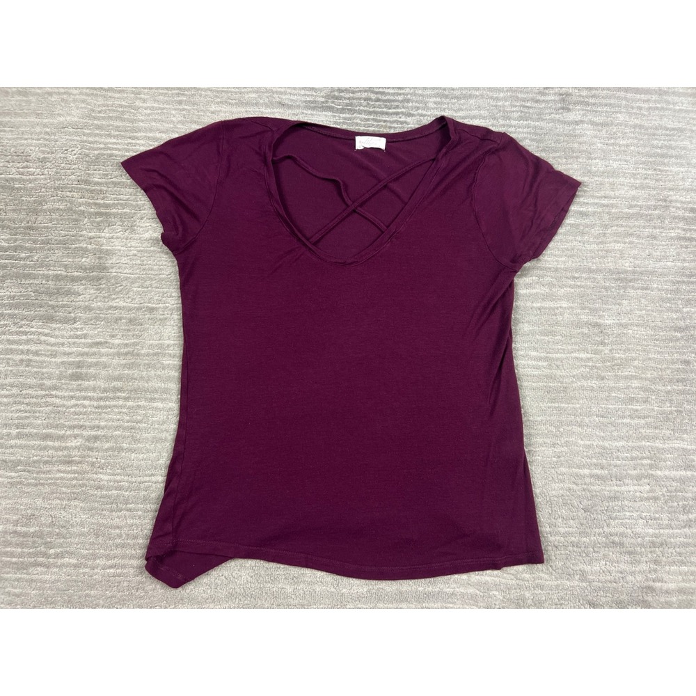 Glitz T-Shirt Womens S Purple Strappy V-Neck Criss Cross Short Sleeve Rayon Top